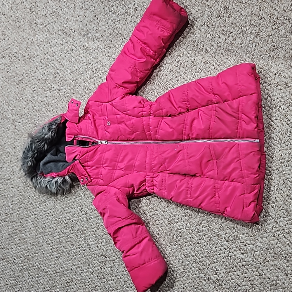 Girls calvin klein pink puffer winter coat fue hood size 5/6